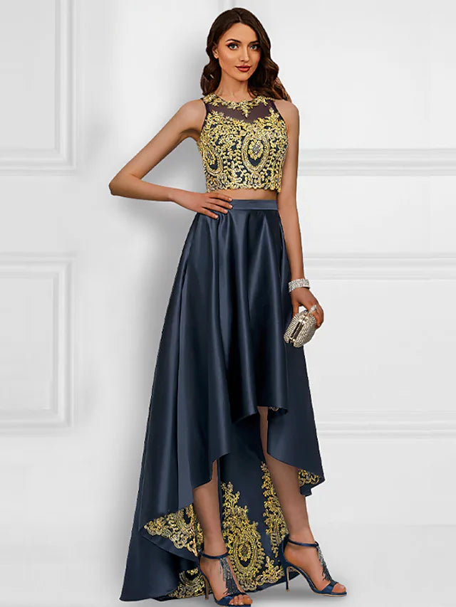 Zweiteilige Cocktailkleider Sparkle & Shine Kleid, Abschlussball, asymmetrisch, ärmellos, Juwelenhals, Charmeuse mit Applikationen